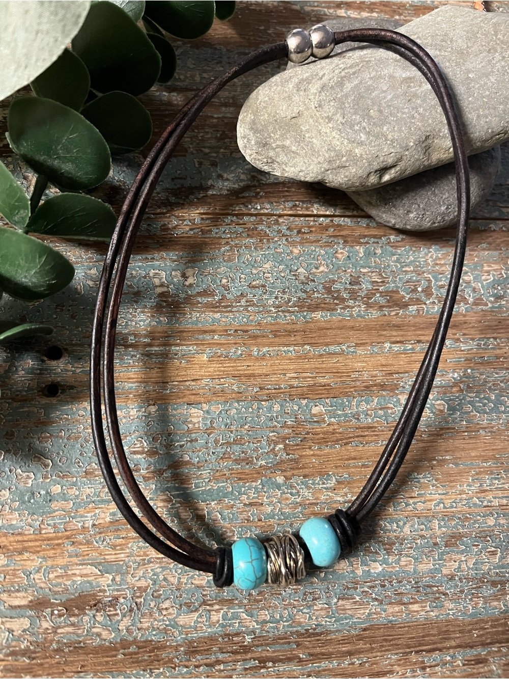 Turquoise Bead Double Leather Choker - Women's Jewelry easy on magnetic closure